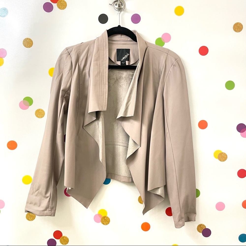 Drape Front Faux Leather Jacket size S Tan